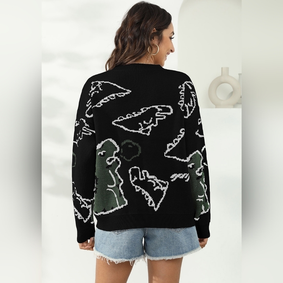 Knit Dinosaur Print Round Neck Long Sleeve Oversized Fun Pullover Sweater Shirt - Picture 7 of 9